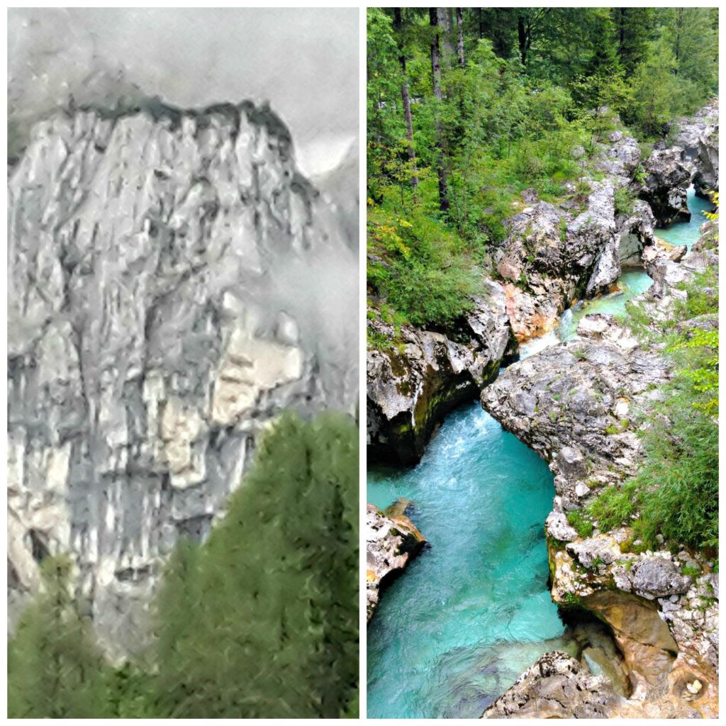 Family holiday in Slovenia. Face of folk legend on side of mountain and turquoise Soca river. Copyright©2017 reserved to photographer via mapandfamily.com 