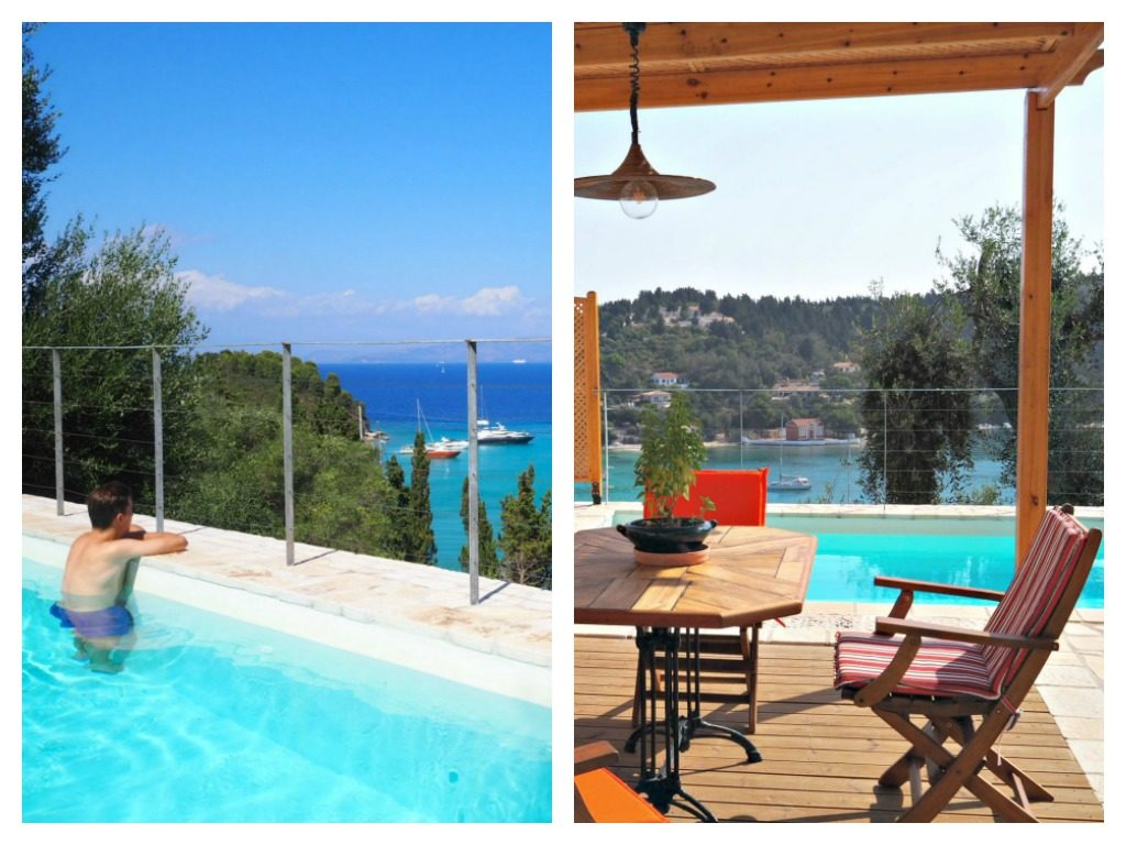 Villa Avra terrace and view of bay from pool. Copyright©2017 mapandfamily.com 