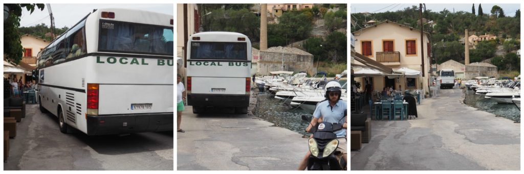 Paxos Greece: three photos of local bus negotiating the narrow quayside in Loggos. Copyright©2017 mapandfamily.com 