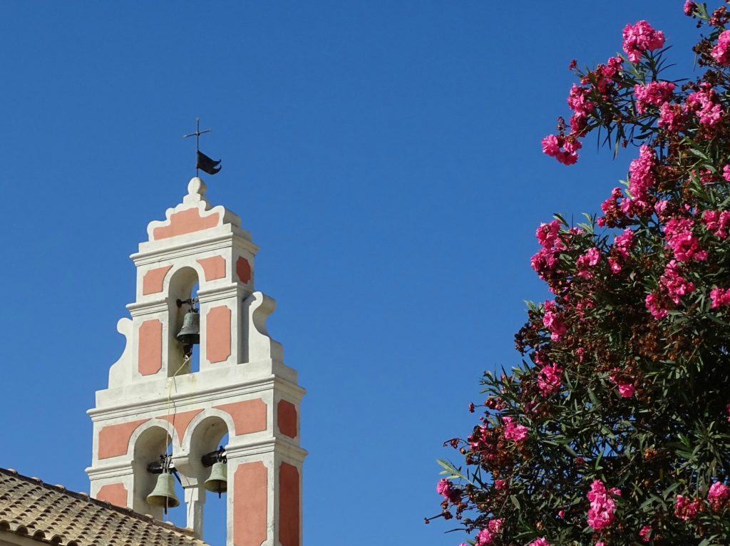 Pretty painted bell tower in Gaios Paxos.  Copyright©2017 mapandfamily.com 