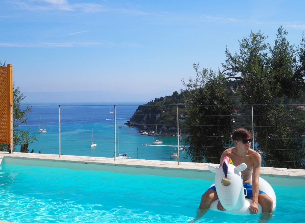 Paxos villa, view from turquoise pool to turquoise sea at Villa Avra Copyright©2017 mapandfamily.com 