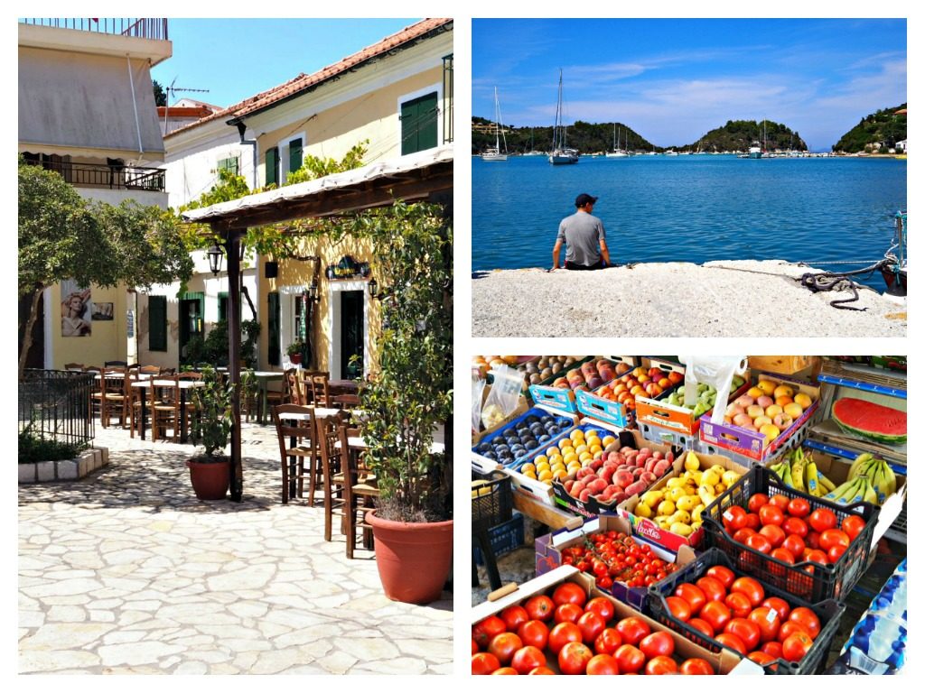 A square with taverna tables in Lakka village, a view of the quayside and fresh fruit and vegetables outside a shop. Copyright©2017 mapandfamily.com 