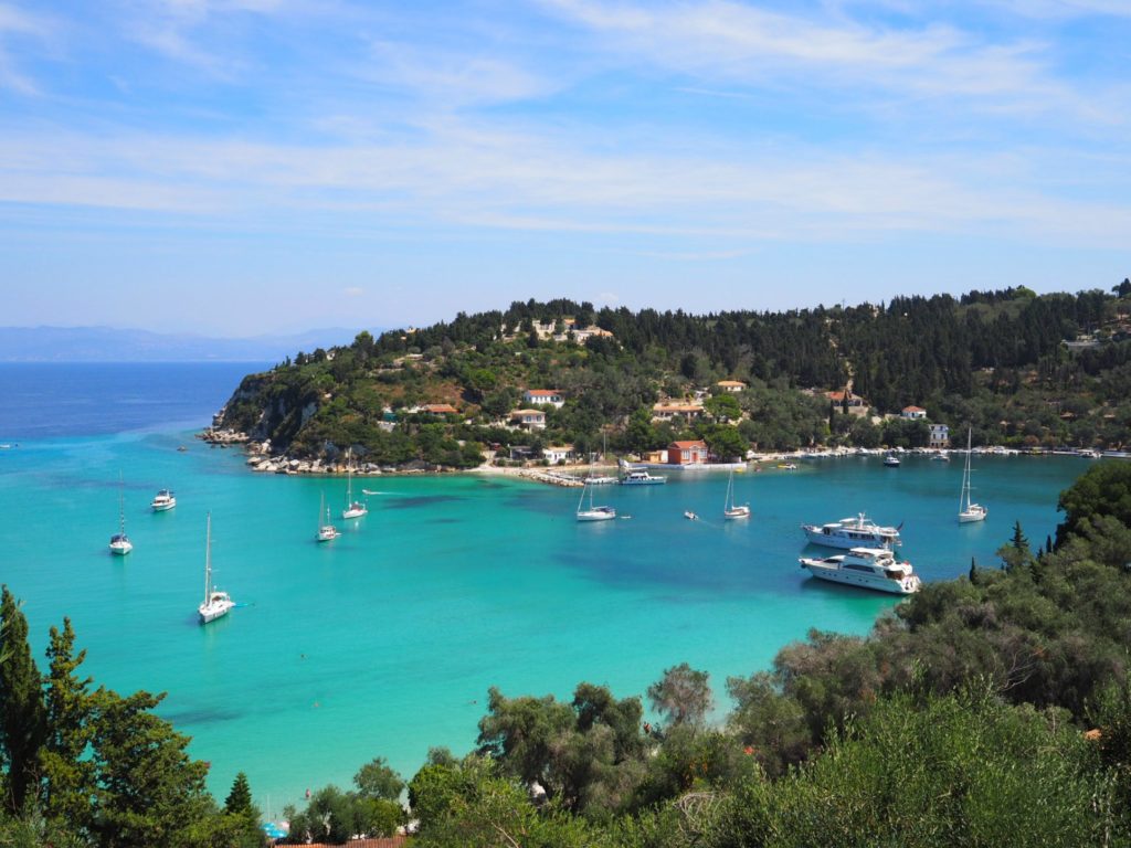 View of bay and boats from Paxos villa Avra.  Copyright © 2017 mapandfamily.com 