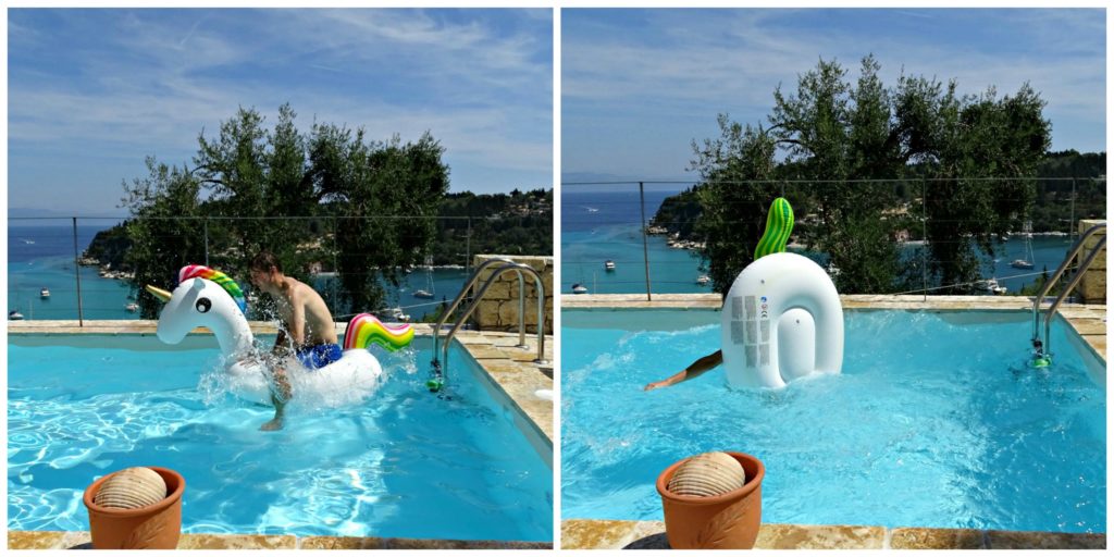 Boy riding inflatable unicorn in the Villa Avra pool. Copyright © 2017 mapandfamily.com 