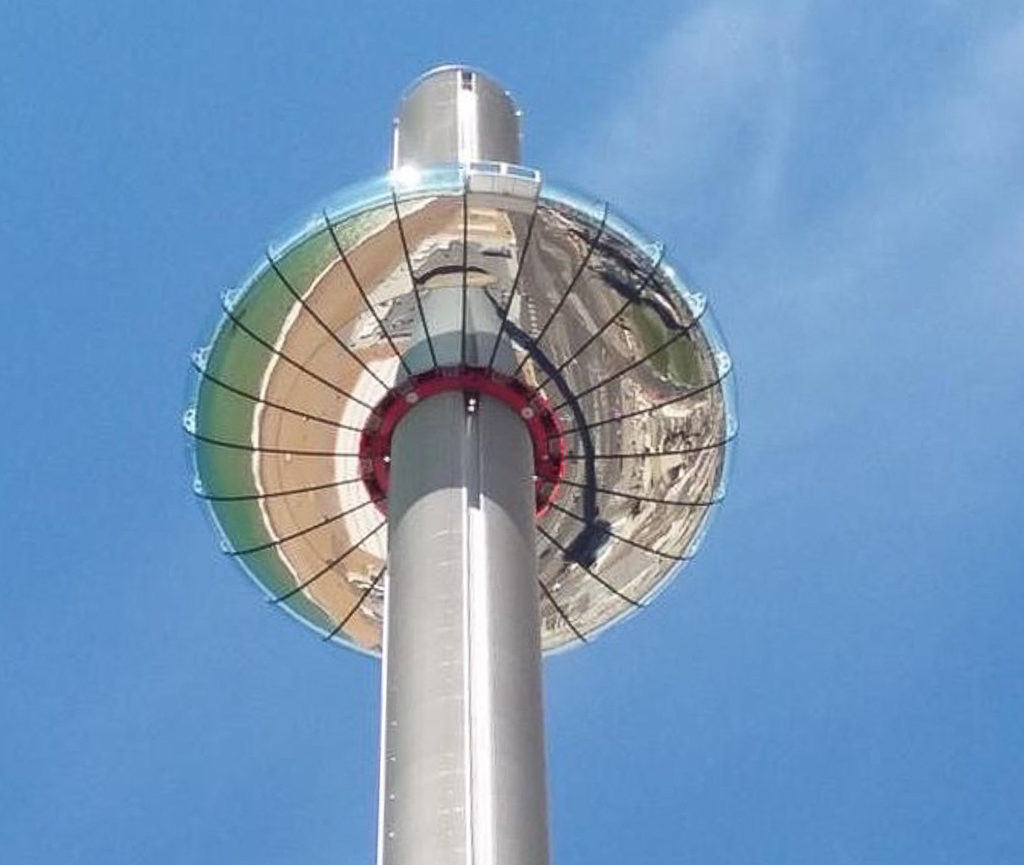 Things to do in Brighton with teenagers: looking up to the viewing platform of the British Airways i360 Brighton. copyright @2018 reserved to photographer via mapandfamily.com