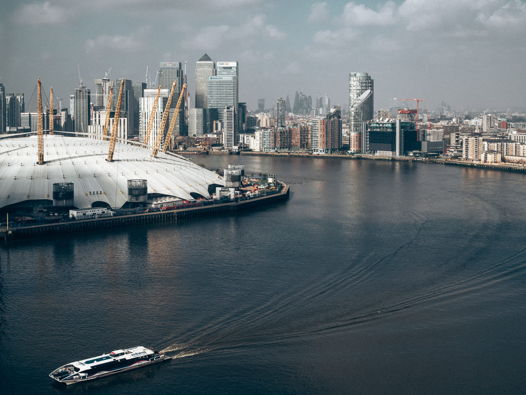 View of the 02 Arena and river Thames. 