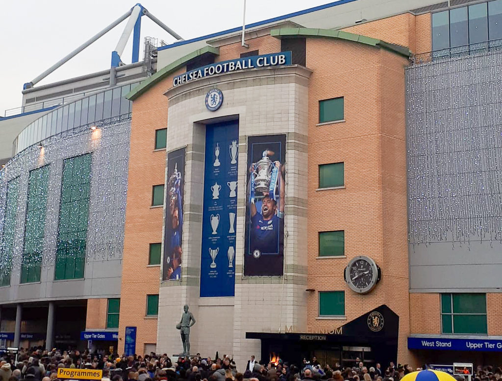 Exterior of Chelsea Football stadium before a match. Copyright©2019 mapandfamily.com 