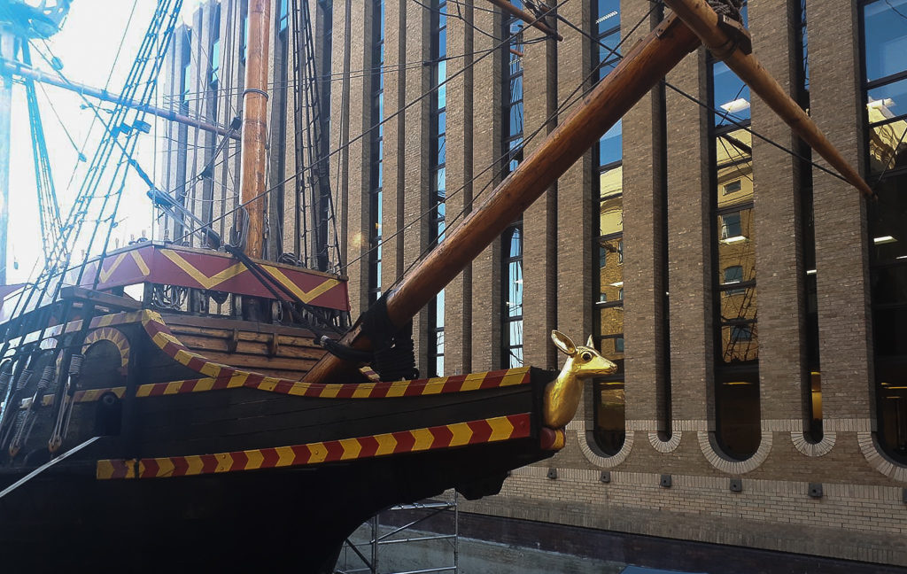 Prow of the Golden Hinde. Historic ship in London. Copyright ©2019 mapandfamily.com