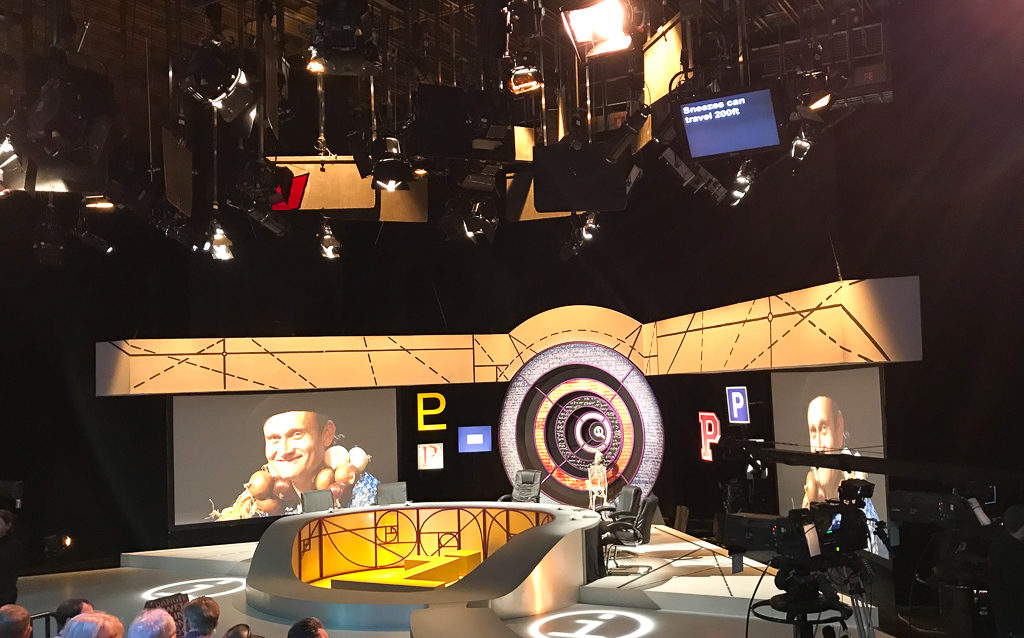 Interior of TV studio before panel game. Copyright ©2019 mapandfamily.com 