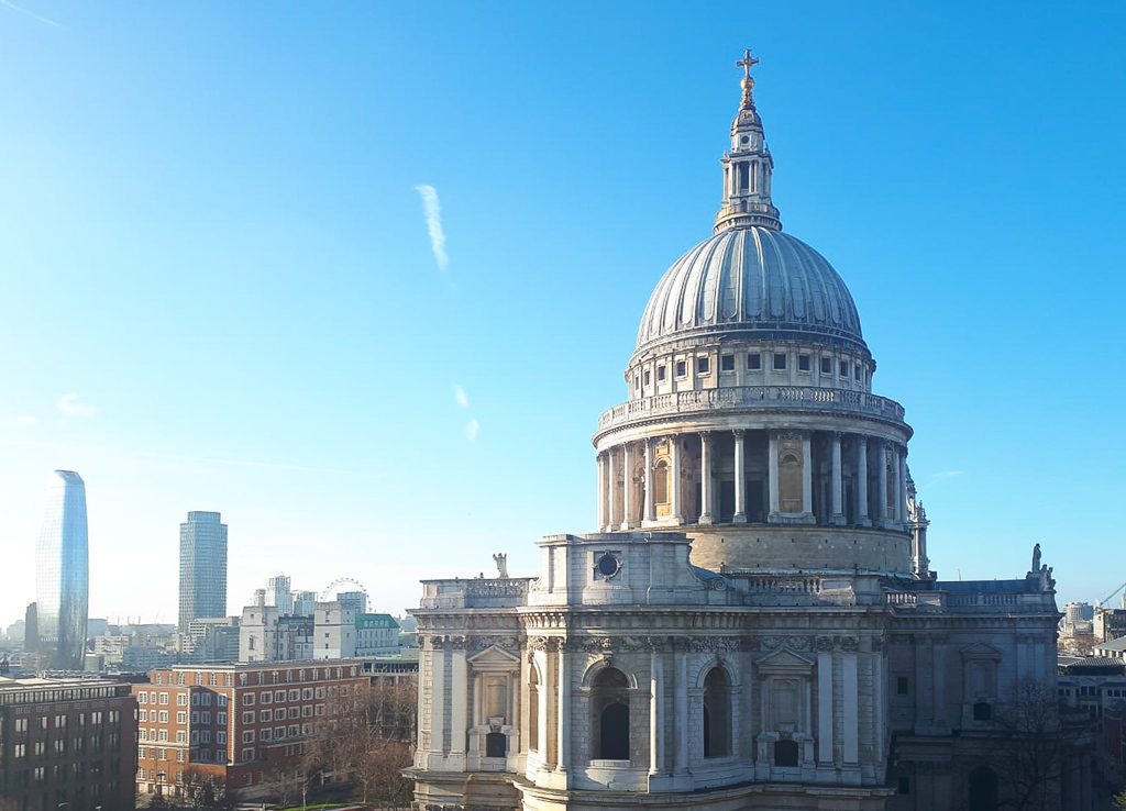 Dome of St Paul's cathedral seen from terrace at One New Change. Copyright ©2019 mapandfamily.com 