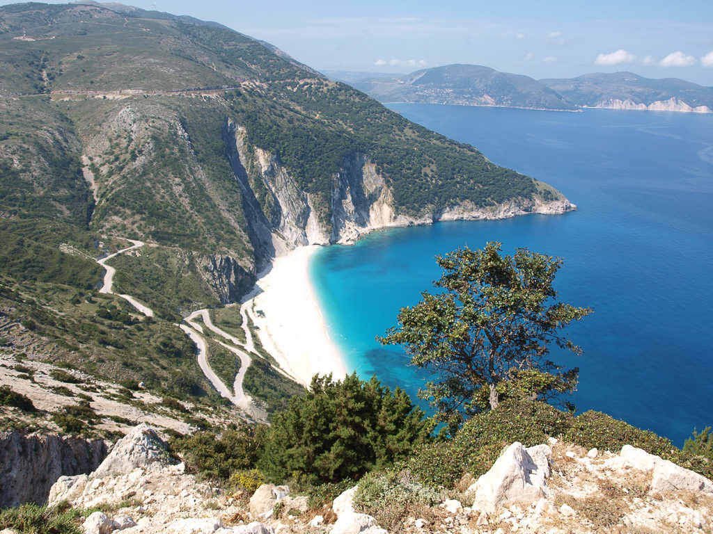 Things to do in Kefalonia include the breathtaking view from the clifftops of white sand and blue sea in Myrtos bay. Copyright ©2019 reserved to photographer via mapandfamily.com 