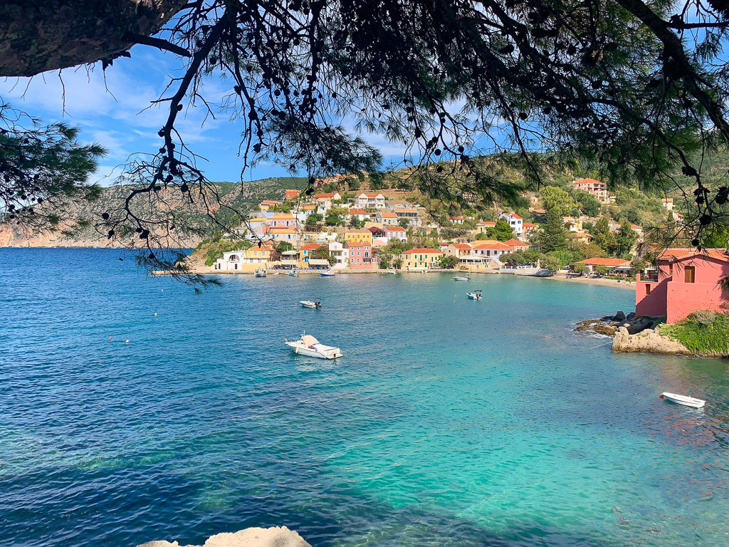 Things to do in Fiskardo. View of Assos bay, a great day trip from Fiscardo. Copyright ©2020 mapandfamily.com 