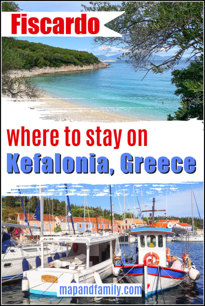 two images of Fiscardo Kefalonia showing a beach and boats in the harbour. With overlay text reading Fiscardo where to stay on Kefalonia Greece for use as pin image for Pinterest.