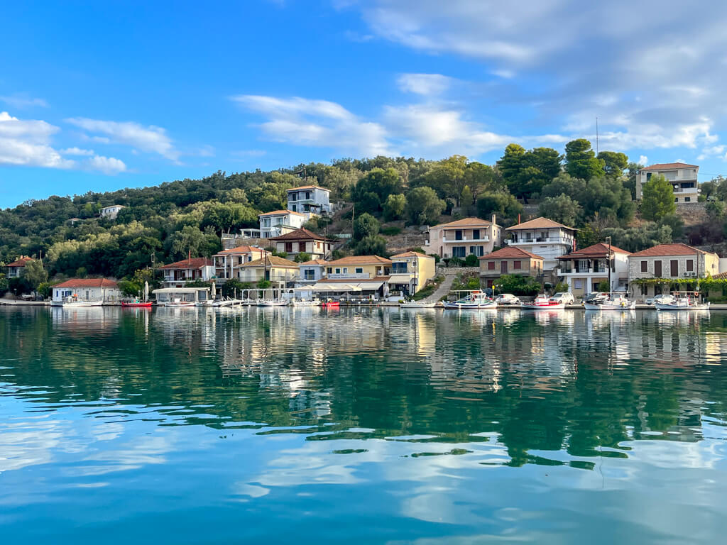 Vathy harbour with buildings reflected in water