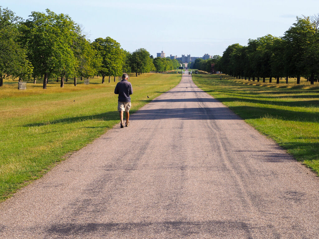 A man walking on the long straight route of the Windsor Long Walk, heading towards Windsor Castle. Copyright@2023 mapandfamily.com