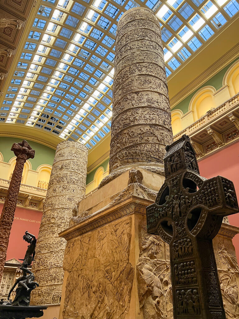 A view of the massive copy of Trajan's Column at V&A museum London. Copyright@2023 mapandfamily.com