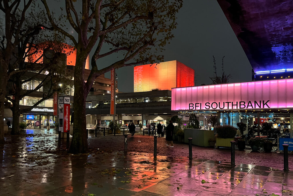 National Theatre and BFI illuminated at night. Copyright@2023 mapandfamily.com