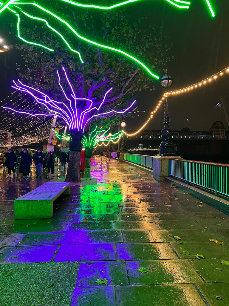 Neon light branches in trees by the river. Copyright@2023 mapandfamily.com