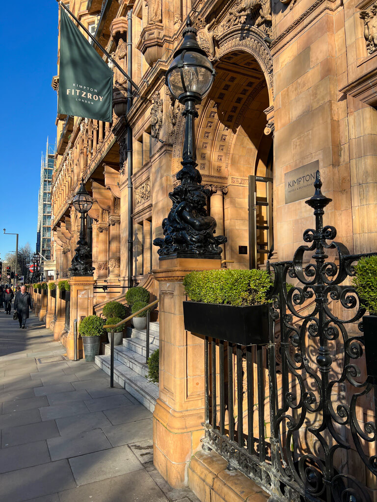 Exterior of Kimpton Fitzroy London hotel in Russell Square. Copyright@2024 mapandfamily.com 