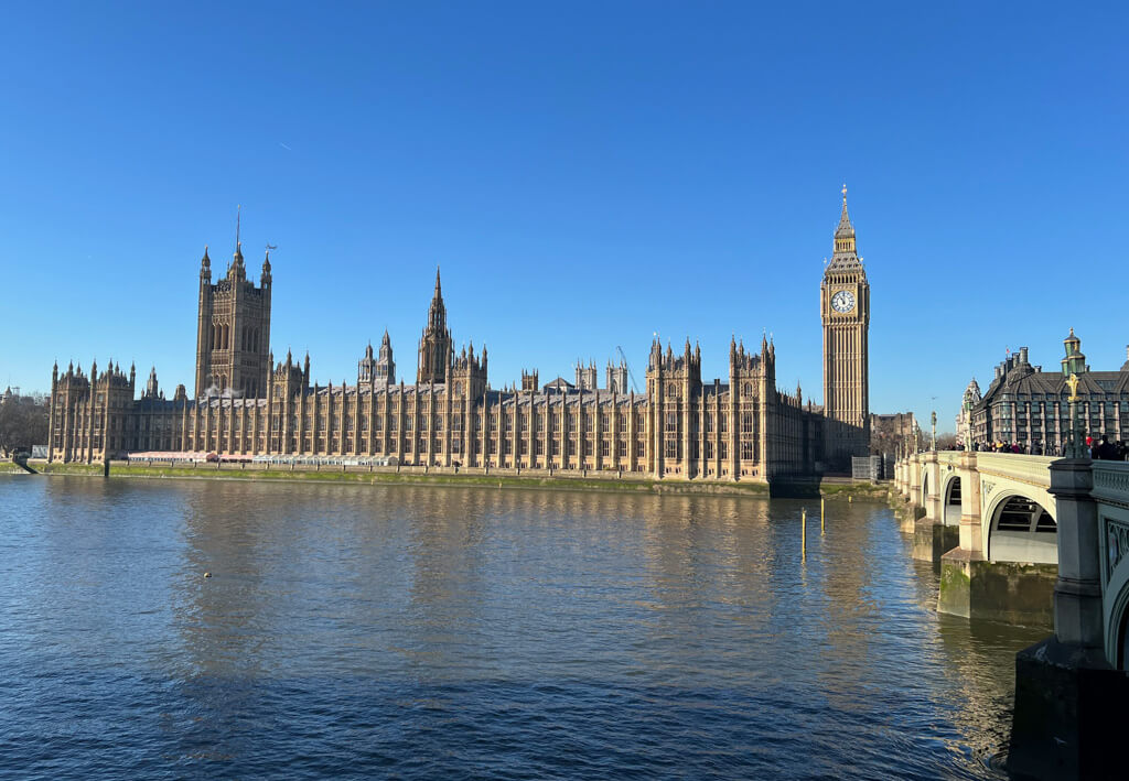 The heart of government in Central London is in Westminster. Photo shows Houses of Parliament and Big Ben. Copyright 2024@mapandfamily.xyz 