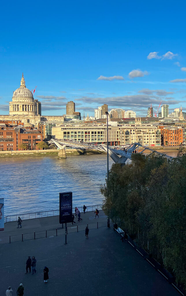 London with teens view of the Millennium Bridge from Tate Modern with St Pauls in background. Copyright@2024 mapandfamily.com. 