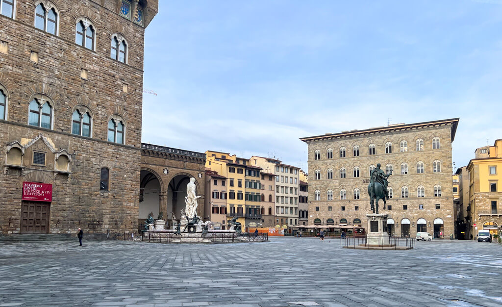 Early morning in February in Piazza della Signoria, Florence Italy.. The square is almost empty